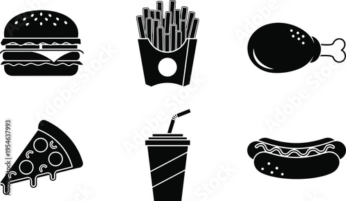 Fast food silhouette icon set with burger, french fries, pizza slice, fried chicken, hot dog and soda drink black vector collection isolated