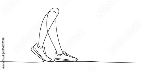 woman legs in sneakers and shorts stand in profile, one leg raised - one line drawing. sports concept, running shoes, leg pain. one line Icon drawing