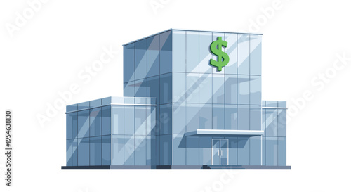 A modern glass bank building with a green dollar sign on its roof is presented on a white background.