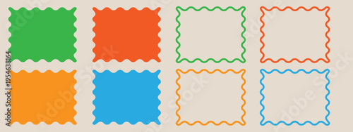 Color rectangle frames with wiggly borders. Different wavy shapes with squiggly edge border. Set of Zigzag wavy edges, rectangles, photo frames, text boxes, labels. Scallop frame set.