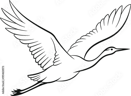 Flying Crane Bird Line Art Vector Illustration with Elegant Wings Spread in Minimal Outline Style for Nature Design, Tattoo, Logo, Wildlife, and Decorative Projects