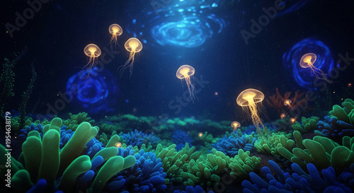 Glowing jellyfish swim above vibrant coral, symbolizing ocean depth, marine mystery, and the wonder of underwater life