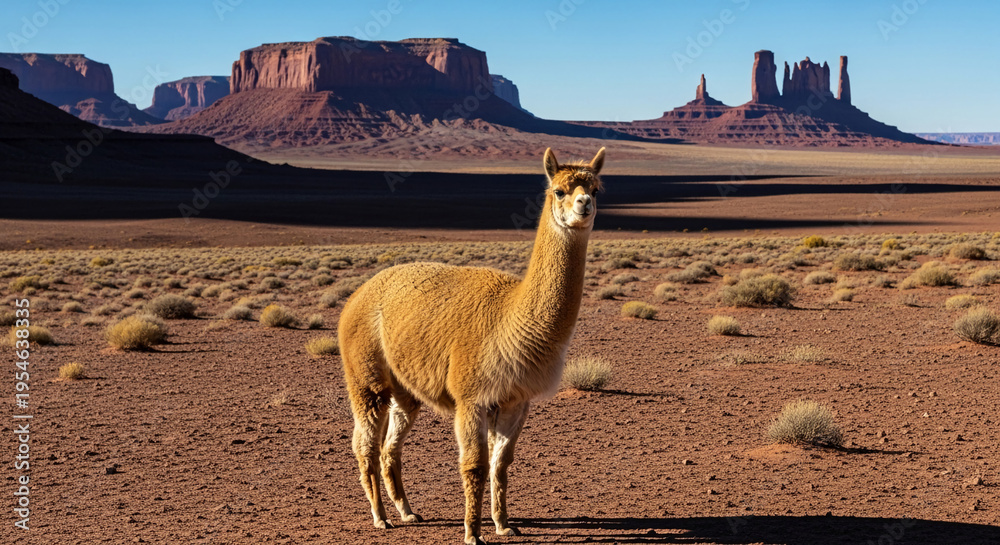 Obraz premium Light brown llama in a desert landscape with towering red rock formations under blue sky, representing wilderness and unique arid beauty