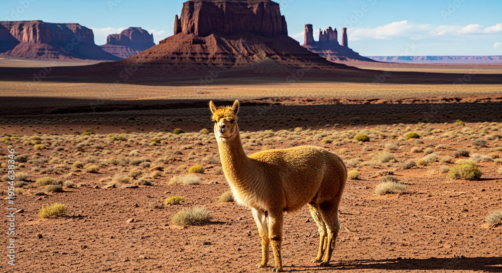 Naklejka premium Brown llama standing in a vast red desert landscape with sandstone mesas under a blue sky, symbolizing wild nature, travel, and a serene wilderness encounter