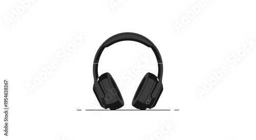A pair of black over-ear headphones with a padded headband rests on a subtle gray line against a white background.
