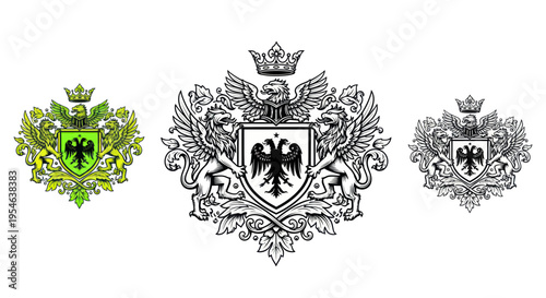 Heraldic Crest Emblem with Griffins, Eagle, and Crown - Black and White and Color