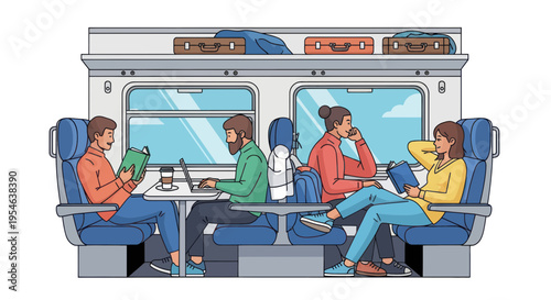 Passengers traveling by train, reading, working on laptop, and relaxing in carriage.
