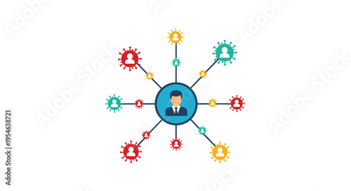 A central male figure icon is connected to multiple person and virus icons in a radial network on a white background.