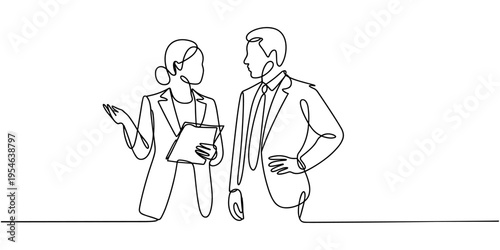 Continuous line drawing of woman and man standing talking about work. Single continuous line drawing of two woman startup founders have a business talk. Business chat concept one line draw design.