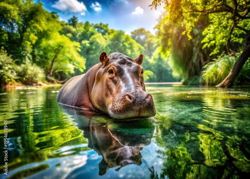 Hippopotamus in African River, Lush Vegetation, Wildlife Photography