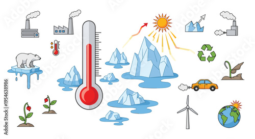 A collection of flat-design icons depicts global warming, pollution, and environmental solutions on a pale background.
