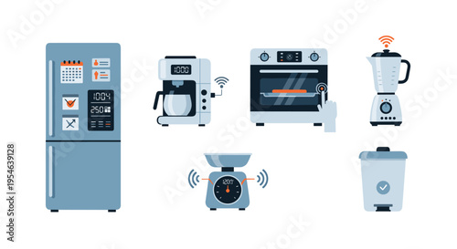 Six smart home appliances, including a refrigerator, coffee maker, oven, blender, scale, and trash can, are arranged on a white background.