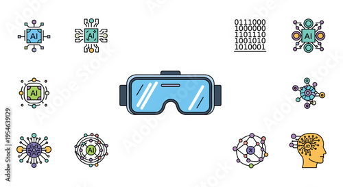 A central pair of blue virtual reality goggles is surrounded by ten colorful artificial intelligence and data icons on a white background.