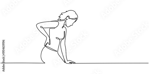Continuous line drawing of woman suffering from back pain. Healthcare and problem concept of woman suffering from pain in back. One line illustration of pain in the back.