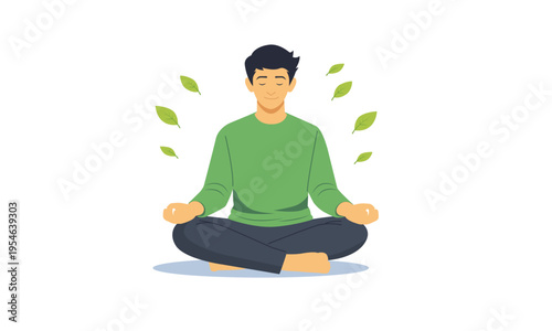 Concept illustration of mindfulness and mental wellbeing. Man meditating in calm pose with leaves around symbolizing inner balance, relaxation and spring renewal.