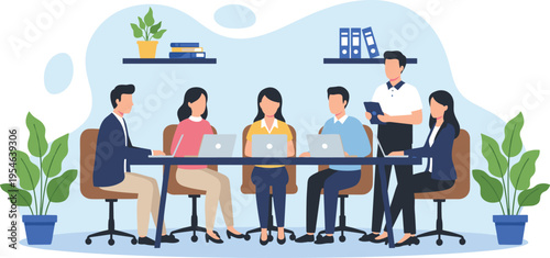 Modern business team working on laptops in a coworking office space with indoor plants and blue abstract backgrounds flat vector illustration.
