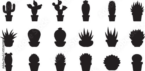 collection of minimalist black cactus and succulent silhouettes on white background