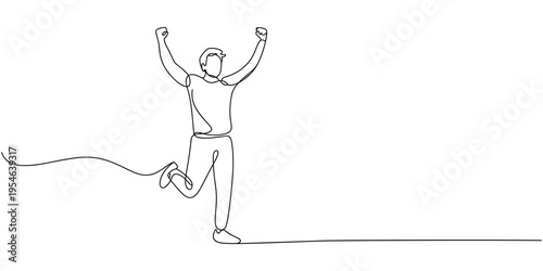Continuous line drawing of cheering man holding fists. Happy young man celebrating success one line drawing. Vector illustration