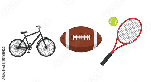 An illustration displays a black bicycle, a brown American football, and a red tennis racket with a green ball.