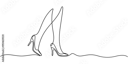 Women legs on high heels in continuous line art drawing style. Minimalist black linear sketch isolated on white background. Vector illustration