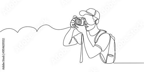 Continuous single drawn one line man taking photo with camera. Young tourist man photographer with a camera takes pictures. Professional photographer.