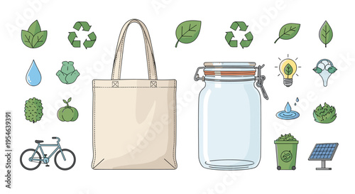 An illustration showcases a collection of eco-friendly items including a tote bag, glass jar, recycling symbols, and a bicycle.
