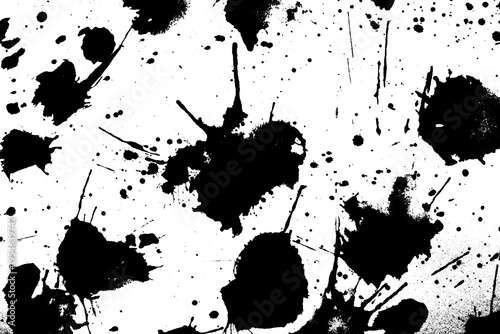 Black ink splatter with drips and drops isolated on light background. Abstract grunge texture with expressive stains and splash elements. High contrast artistic composition suitable for overlays.