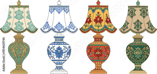 Set of four classic vintage table lamps with ornate floral patterns and decorative lampshades isolated on white background.