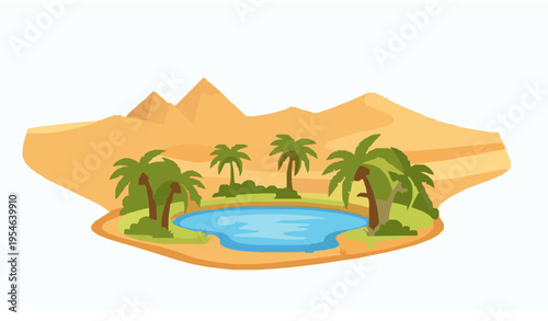 Egypt Desert Oasis with Palm Trees and Pyramids Cartoon Vector Illustration