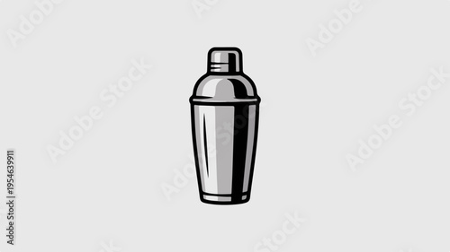 Minimalist icon of a classic cocktail shaker in black and white simple design on gray background for mixology and barware concepts