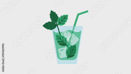 Refreshing mint mojito cocktail with ice cubes and straw in a clean minimalist design