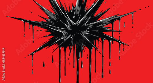 Black paint splatter on red background.