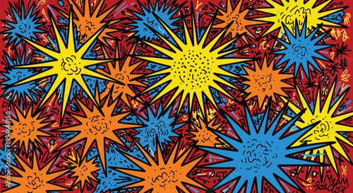 Colorful explosion of starburst shapes.