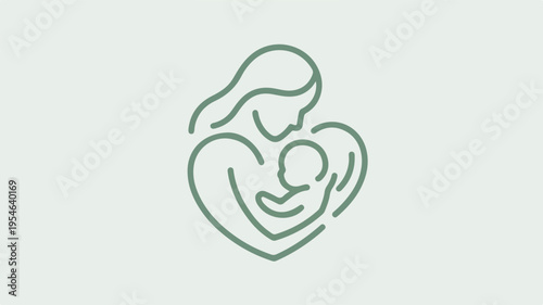 Minimalist line art icon of a mother and child in a heart shape symbolizing love and family bonding