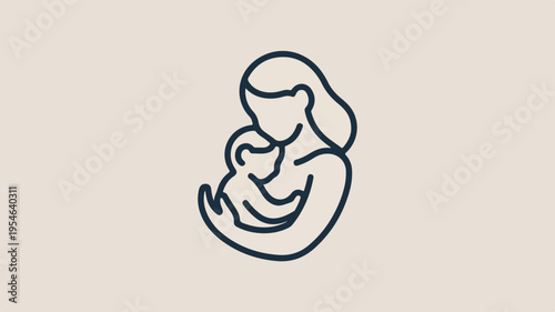 Minimalist line art icon of a woman breastfeeding a baby simple black outline on beige background symbolizing motherhood and nurturing