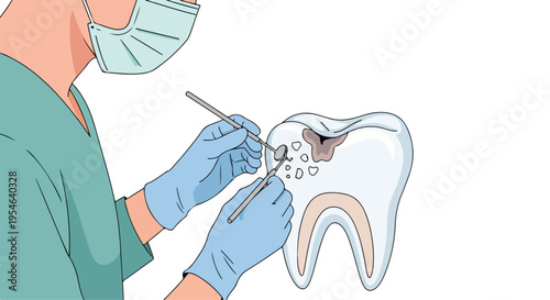 Dentist in blue scrubs and gloves using a dental tool on a tooth model with a surgical mask.