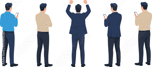Diverse set of professional men viewed from behind using smartphones and gesturing in smart casual business attire isolated on white background.