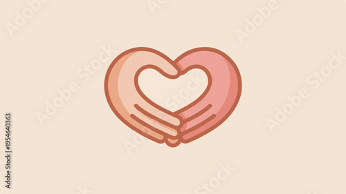 Minimalist heart icon with hands forming love symbol on beige background representing care and affection in a simple modern design