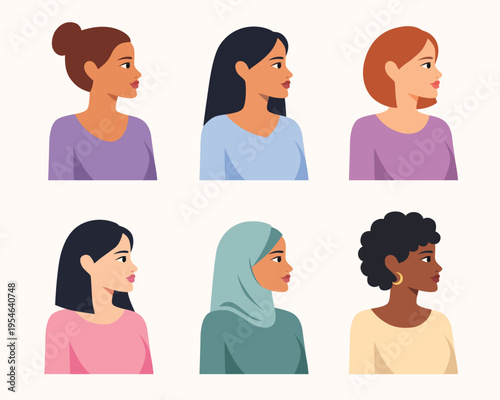 Different women shown in profile, diverse in appearance. Each face calmly turned to the right, showing subtle calmness. Flat design style, clean lines, soft pastel tones. Ideal for lifestyle, fashion