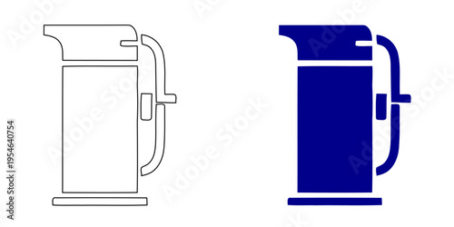 Vacuum thermos flask icon for hot or cold beverage storage with handle and lid navy blue minimalist vector illustration for camping and kitchen equipment isolated on white background