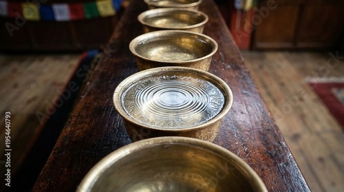 Wallpaper Mural Ritual bowl row on wooden table in Buddhist temple. Ritual bowl holds water under dim golden light. Sacred atmosphere with incense smoke and blurred background. Torontodigital.ca