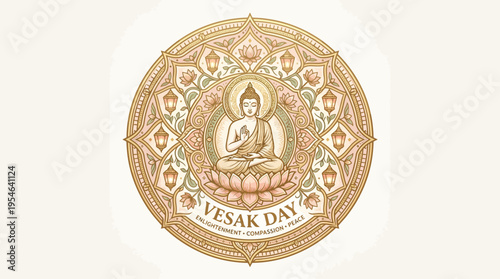 Vesak Day Illustration with Buddha and Mandala Pattern