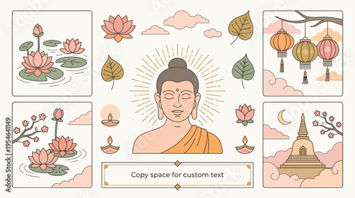 Buddhist Spiritual Illustration Set with Buddha Lotus and Pagoda