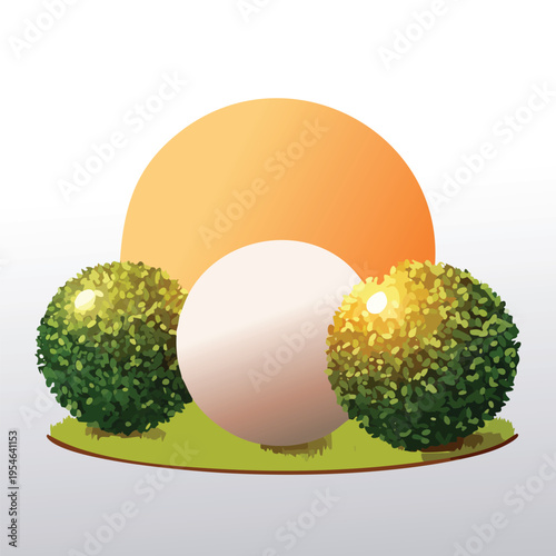 Abstract illustration of spheres and bushes with a bright sunlight background