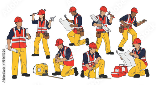 Construction Workers Team Poses with Tools, Blueprints, and Measuring Tape