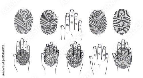 Fingerprint and Handprint Identification Icons, Biometric Data Collection, Vector Graphics