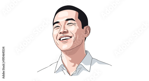 Illustration of a smiling Asian man with short black hair wearing a white collared shirt on a plain white background.