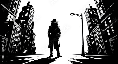 Mysterious Detective Silhouette Standing on City Street at Night