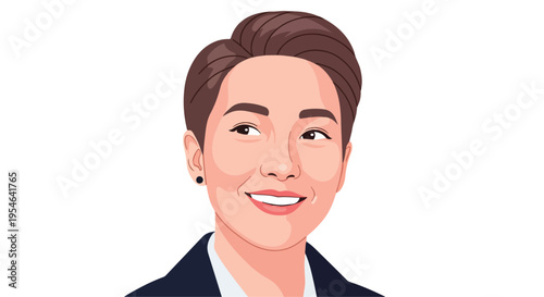 Illustration of a smiling young professional with short brown hair in a business suit against a plain white background.
