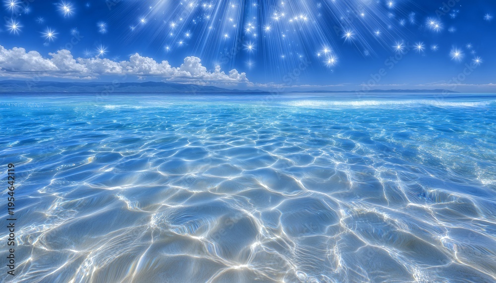 Naklejka premium Azure Waters Embrace Capturing the beauty of the ocean with the sun shining, the sparkling sea is crystal clear, reflecting the sunlight and illuminating the depths of the ocean.